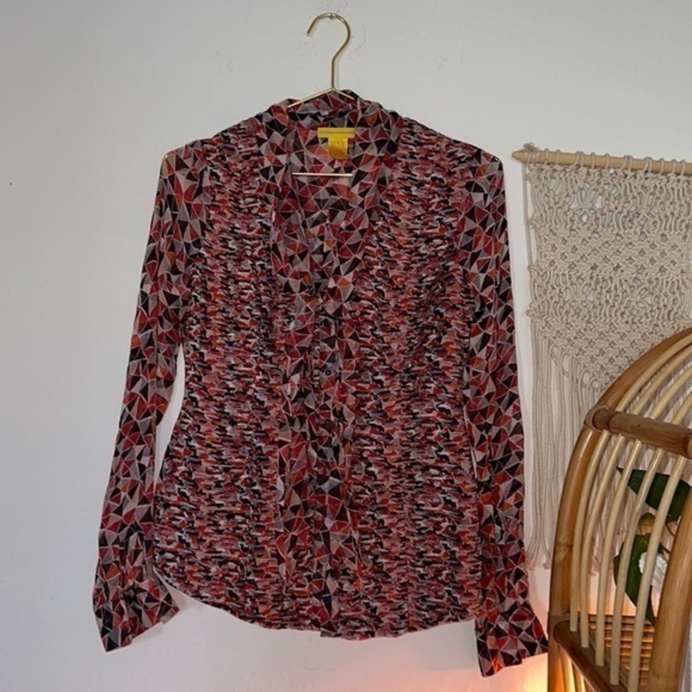 Catherine Malandrino Red Patterned 100% Silk Ruched Long Sleeve Blouse Sz.4